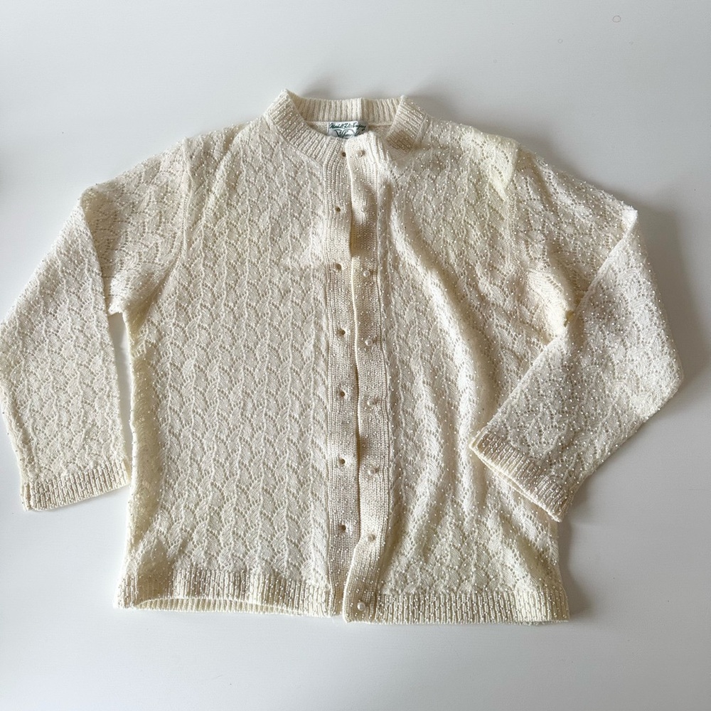 Vintage 50s Marshall Field & Co Sunningdale Shop Hand Beaded Cardigan Ivory L